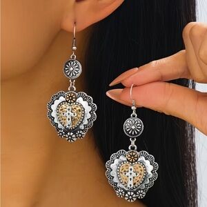 Western Sacred Heart Cross Dangle Earrings | Boho Southwestern Silver Gold Tone
